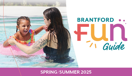 Mother and daughter in the pool with Brantford FUN Guide logo