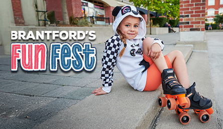 Girl sitting on steps wearing roller skates and image of the Winter Fun Fest logo