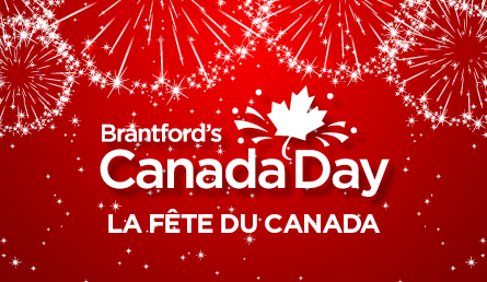 Brantford's Canada Day with fireworks and red background