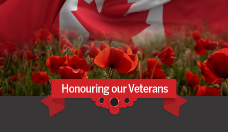 Poppies and Canadian flag with text "Honouring our veterans"