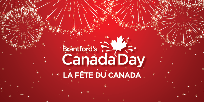 Canada Day red banner with fireworks 