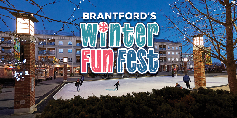 Image of Harmony Square's skating rink and logo for Brantford's Winter Fun Fest