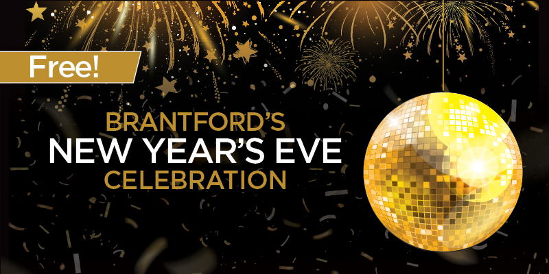 Brantford's New Year's Eve Celebration with image of a gold disco ball and a Free marker