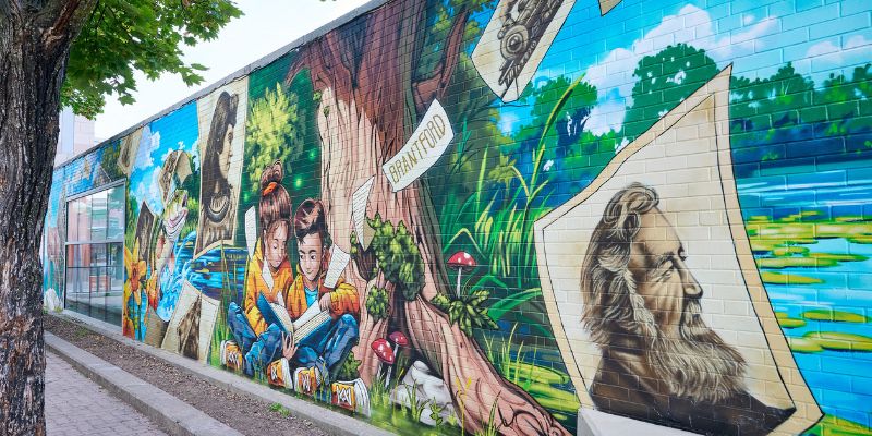 The Pages of the Grand River mural, located on the west wall of the Brantford Public Library