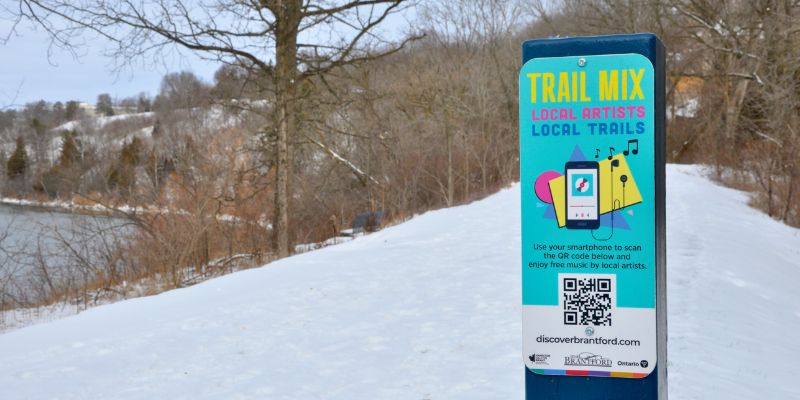 Trail Mix sign on a winter trail in Brantford