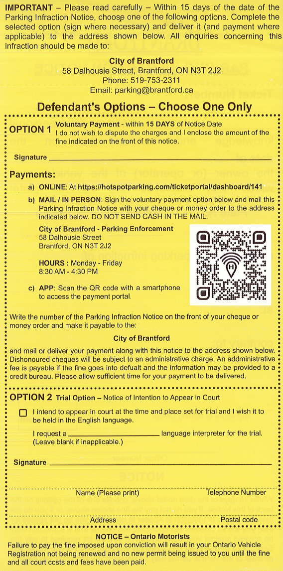 Example of a Parking Ticket from the City of Brantford