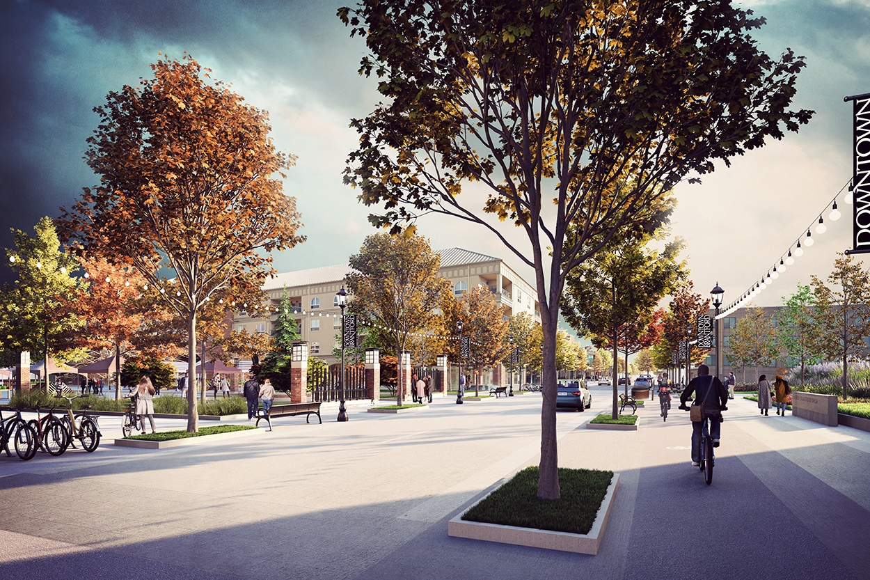 Daytime view from Colborne Street in front of Harmony Square, looking east.