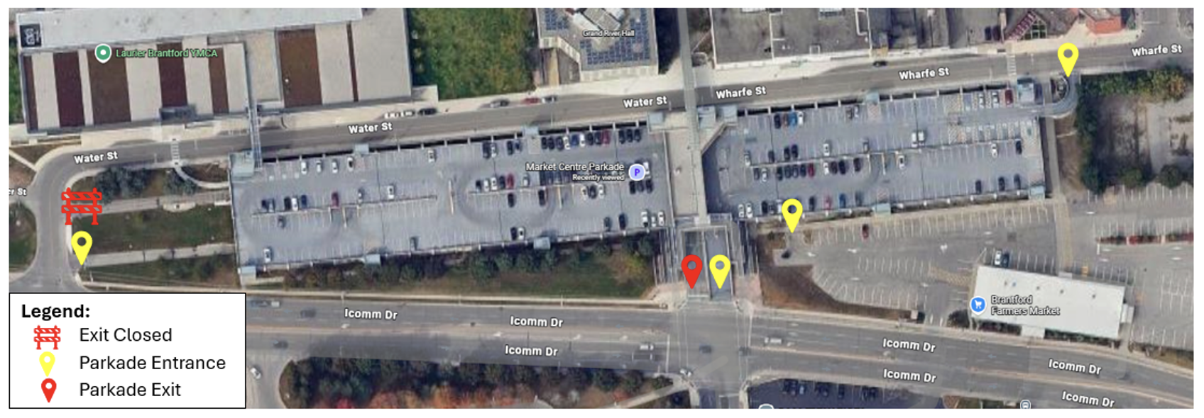 Market Centre Parkade map showing entrance and exit points